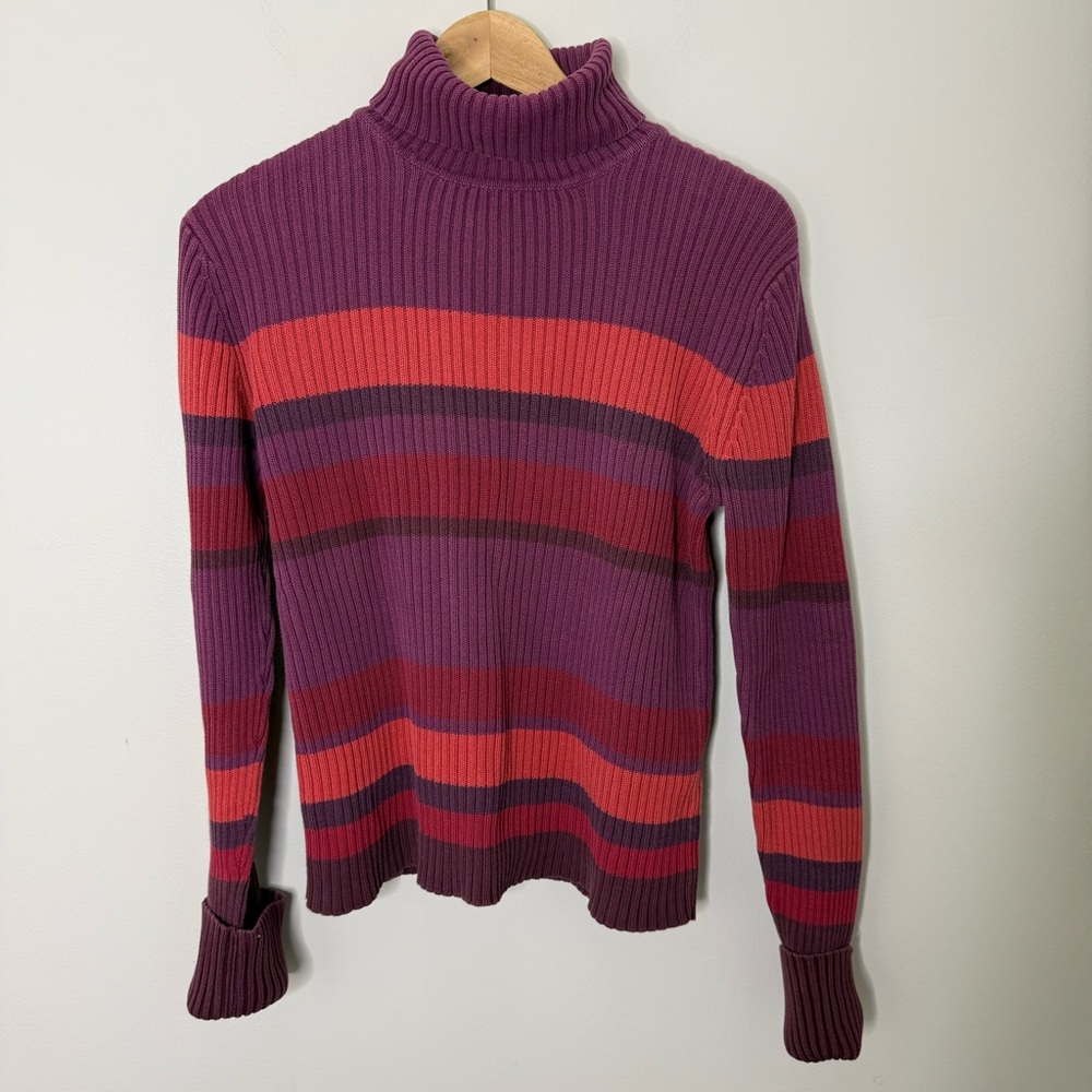 Sonoma Women’s Medium Turtleneck Sweater Purple Orange Red 100% Cotton Striped
